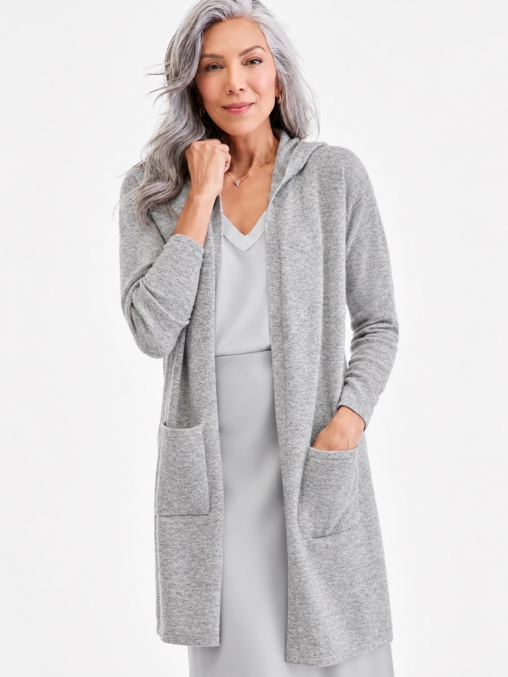 Charter Club Luxury 100% Cashmere Hooded Long Cardigan W/ Pockets Gray Women M